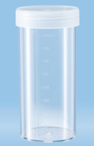 500mL-Sarstedt Containers, flat bottom,150Hx70Dmm, neutral cap, HD-PE, graduated to 400mL-pkt80