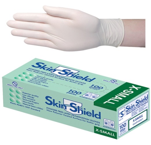 Skin shield Latex Powder Free gloves, Xtra/small, (per box/100 )