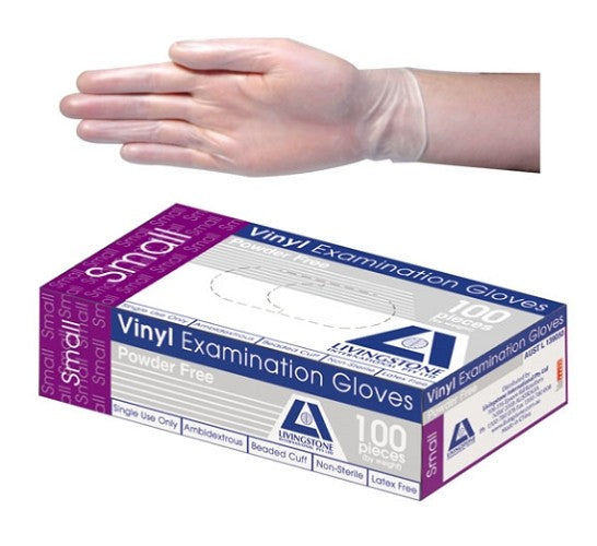 Livingstone Vinyl Gloves, Powder Free, Beaded Cuff- 240mm, Clear, Small, (per box/100)