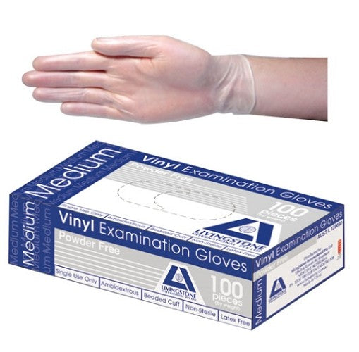Livingstone Vinyl Gloves, Powder Free, Beaded Cuff- 240mm, Clear, Medium, (per box/100)
