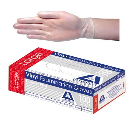 Livingstone Vinyl Gloves, Powder Free, Beaded Cuff- 240mm, Clear, Large, (per box/100)