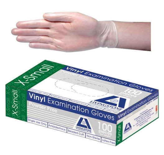 Livingstone Vinyl Gloves, Powder Free, Beaded Cuff- 240mm, Clear, Extra Small, (per box/100)