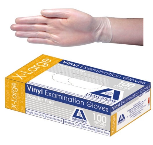 Livingstone Vinyl Gloves, Powder Free, Beaded Cuff- 240mm, Clear, Extra Large, (per box/100)