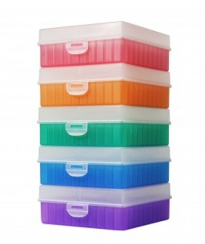 Bioline Plastic Cryo boxes 2 Inch high with a 100 cell grid and Hinged lid, Assorted Colours-pkt/5