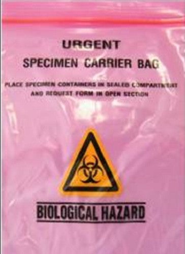 Specimen Transit Bags Red, 3 layer, printed ‘Urgent’, 220 x 165mm pocket, press top, Thickness: 40µm, ctn/2000
