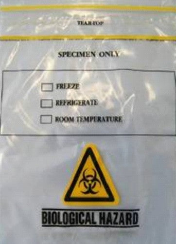 Specimen Transit Bags Clear, 3 layer, printed, 220 x 165mm pocket, press top/tear top Thickness: 40µm, ctn/2000