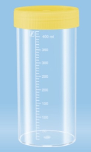 500mL-Sarstedt Containers, flat bottom,150Hx70Dmm, yellow cap, HD-PE, graduated to 400mL, sterile-pkt/120