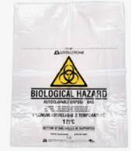 Autoclave bags, plastic, 27 X 63 cm, 50µm thick, clear with biological hazard label, pkt/500