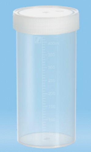 500mL-Sarstedt containers, polypropylene, flat bottom,150hx70dmm, attached natural cap, graduated, autoclavable, pkt/40/ctn/120