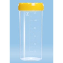 120mL-Sarstedt-container, HD-PE/PP, graduated,105x44mm, yellow screw cap attached, sterile, flat  base, pkt/250
