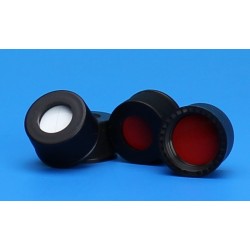 Finneran-13-425mm Black Open Hole Polypropylene Closure, Red PTFE/Silicone Septa, 0.065" (equivalent to AL98610)-pkt/100