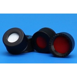 Finneran-10-425mm Black Open Hole Polypropylene Closure, Red PTFE/Silicone Septa, 0.060" (equivalent to AL98144)-pkt/100