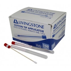 Livingstone Cotton Tip Applicator Swab with Wooden Stem, 15cm, Sterile in Plastic Tube with Write-on Label, 100/box
