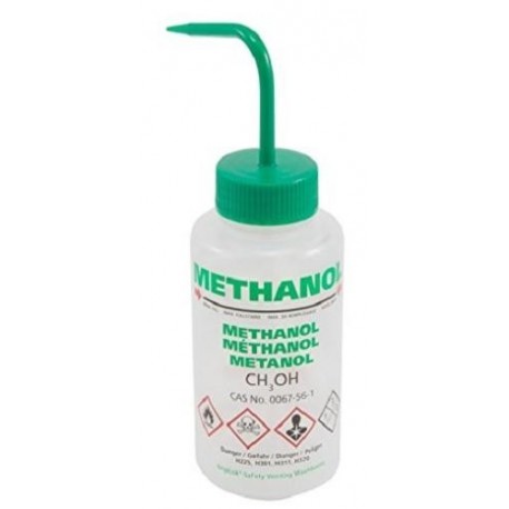 BRAND 500mL Wash Bottle with curved straw & self venting with metal ball valve: Name: Methanol Green pkt/5