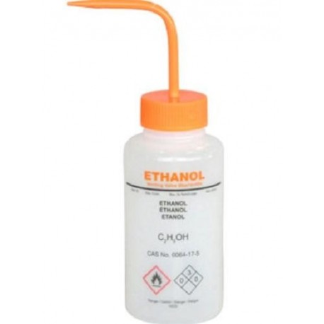 BRAND 500mL Wash Bottle with curved straw & self venting with metal ball valve: Chemical Name: Ethanol Orange pkt/5