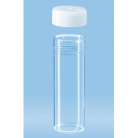 30mL-Sarstedt-Tubes with flat base, 80x27mm, polycarbonate, clear, autoclavable, white cap enclosed-pkt/500