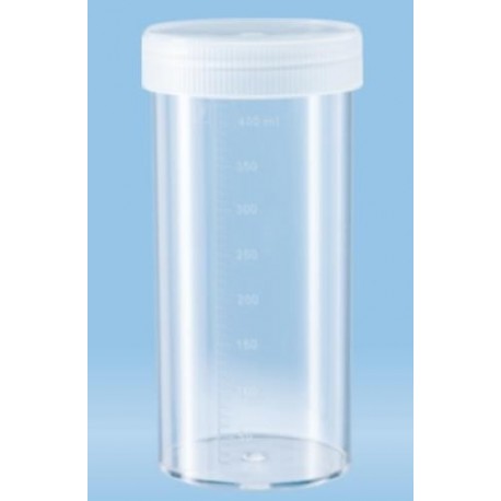 500mL-Sarstedt Containers, flat bottom,150Hx70Dmm, neutral cap, HD-PE, graduated to 400mL-pkt80