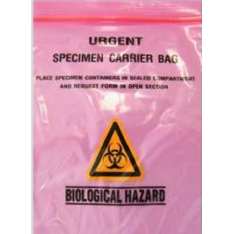 Specimen Transit Bags Red, 3 layer, printed ‘Urgent’, 220 x 165mm pocket, press top, Thickness: 40µm, ctn/2000