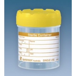 70mL-Sarstedt-Containers, polyprop, 54x44mm, yellow screw cap assembled, flat bottom, sterile with label-pkt/500