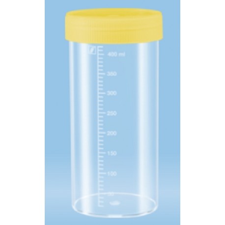 500mL-Sarstedt Containers, flat bottom,150Hx70Dmm, yellow cap, HD-PE, graduated to 400mL, sterile-pkt/120
