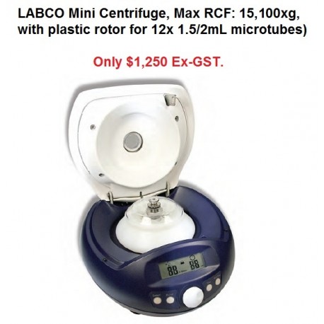 LABCO Mini Centrifuge, Max RCF: 15,000xg, with rotor  for 12x 1.5/2mL microtubes