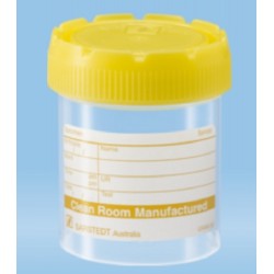 70mL-Sarstedt-Containers, polyprop, 54x44mm, yellow screw cap assembled, flat bottom with label-pkt/500