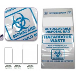 LABCO Heavy duty high heat clear PP autoclave bags with blue biohazard label, 310 x 660mm, ctn /50