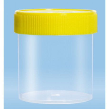 250mL-Sarstedt-containers, flat bottom, with label, 70x78mm, yellow cap, sterile-pkt/240
