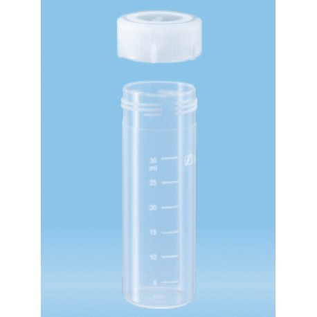 40mL-Sarstedt-containers, polypropylene, graduated, 85x28.5mm, flat bottom base, neutral screw cap (PP) included, ctn/450