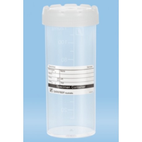 120mL-Sarstedt-Container, polyprop, grad, 105Hx44dmm, neutral assembled screw cap lid, flat bottom base, with label, pkt/250