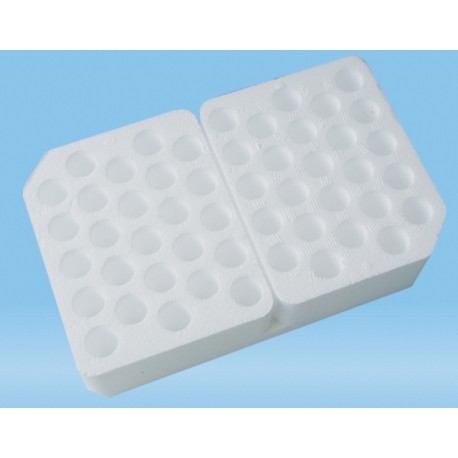 Sartstedt Styrofoam containers without lid, (127Wx205Lx46H)mm, 5x10 hole format x 17mmd holes, holds 50 tubes