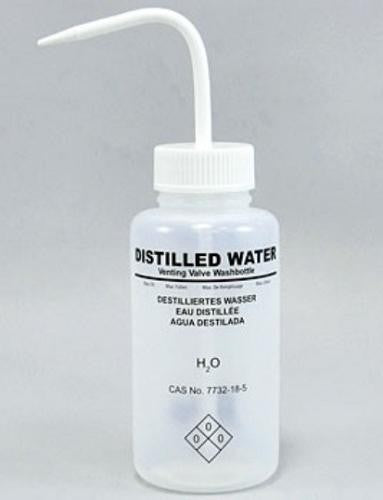 BRAND 500mL Wash Bottle with curved straw & self venting with metal ball valve: Chemical Name: Distilled Water White pkt/5