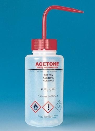 BRAND 500mL Wash Bottle with curved straw & self venting with metal ball valve: Chemical Name: Acetone Red pkt/5