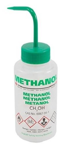 BRAND 500mL Wash Bottle with curved straw & self venting with metal ball valve: Name: Methanol Green pkt/5
