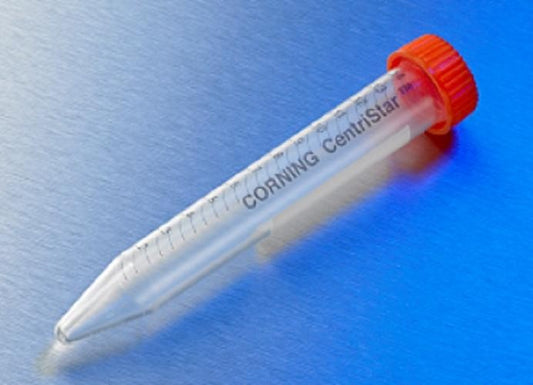 Corning 15ml clear centrifuge tube, conical bottom, orange screw cap,12,500xg max, graduated, sterile-pkt/500