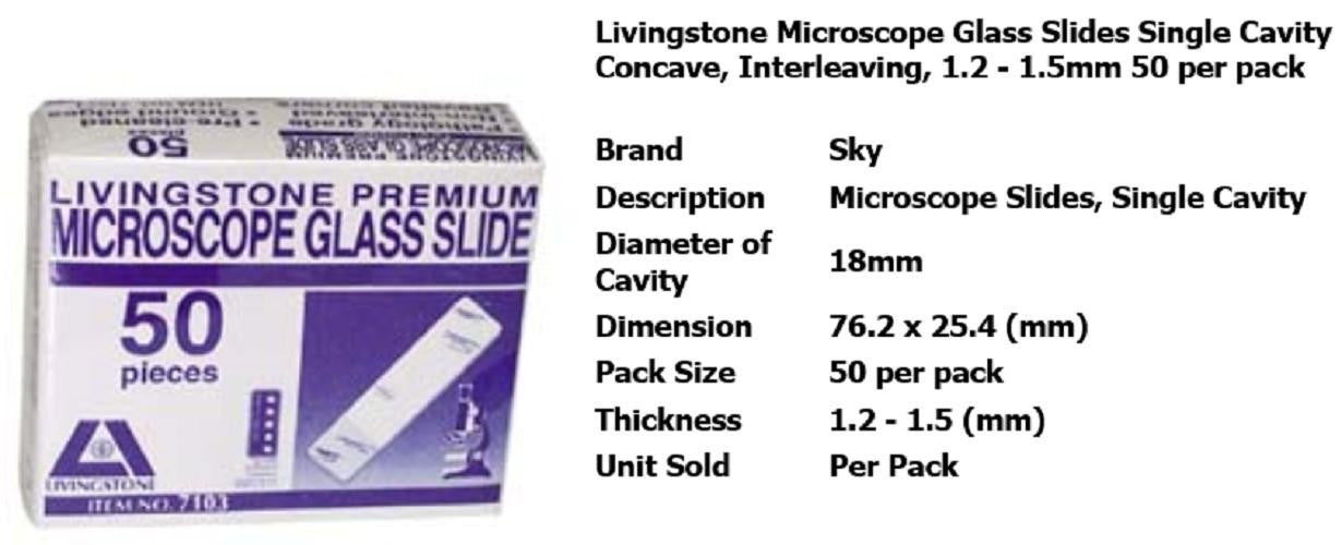 Microscope Slides, 76.2 x 25.4mm Single Cavity (Concave) ,18mm diameter, 1.2-1.5mm thick, -per/50