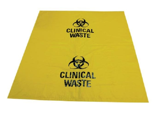 Clinical waste bags, 27L, 60 x 50cm, 30 micron thick, yellow with label, 50/ctn