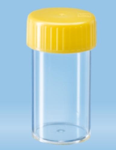 25mL-Sarstedt-Tubes with flat base, transparent polystyrene, yellow screw cap assembled, 54x27 mm, sterile-pkt/500