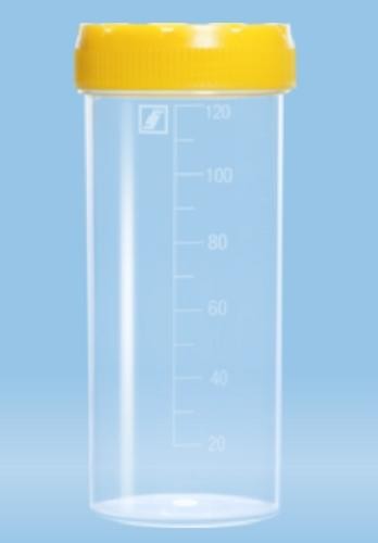 120mL-Sarstedt-container, HD-PE/PP, graduated,105x44mm, yellow screw cap attached, sterile, flat  base, pkt/250