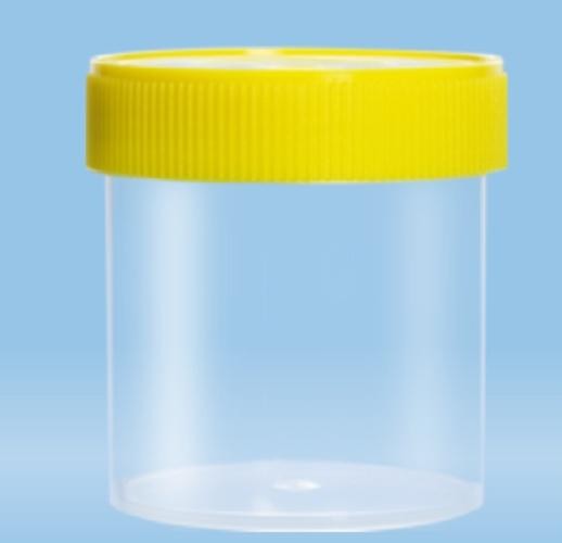 250mL-Sarstedt-containers, flat bottom, with label, 78Hx44D, neutral cap, HD-PE, grad to 200mL, sterile-pkt/240