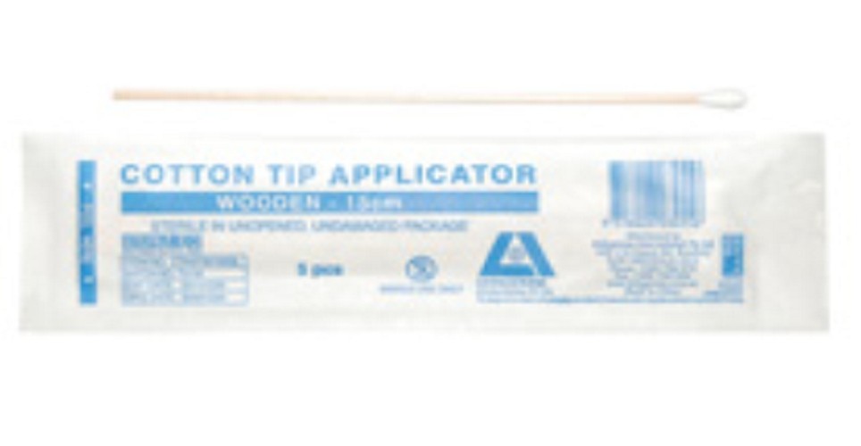 Cotton tip applicator, 15cm long with wooden stem, sterile-5/pkt/1000/case