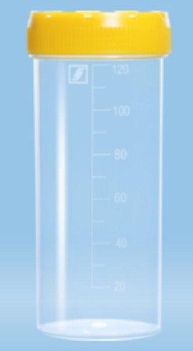 120mL-Sarstedt-Container, polyprop,grad,105x44mm, yellow assembled screw cap lid, flat bottom, sterile, label-pkt/250