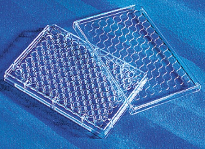 Corning 96 well tissue culture treated standard plate flat bottom, with lid, sterile, individually wrapped-pkt/100