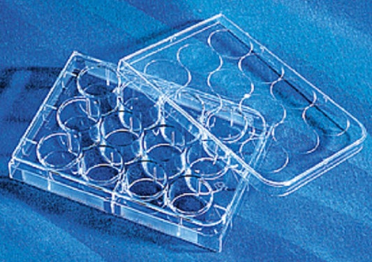 Corning 12 well Tissue culture Treated plates, with lid flat bottom. sterile 5/pack/case/100