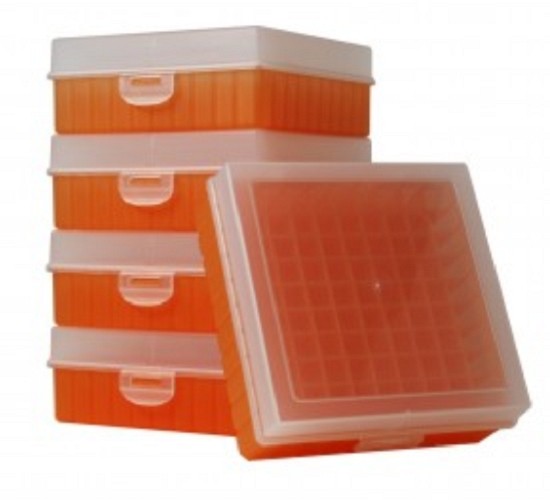 Bioline Plastic Cryo boxes 2 Inch high with a 100 cell grid and Hinged lid, Orange-(each)