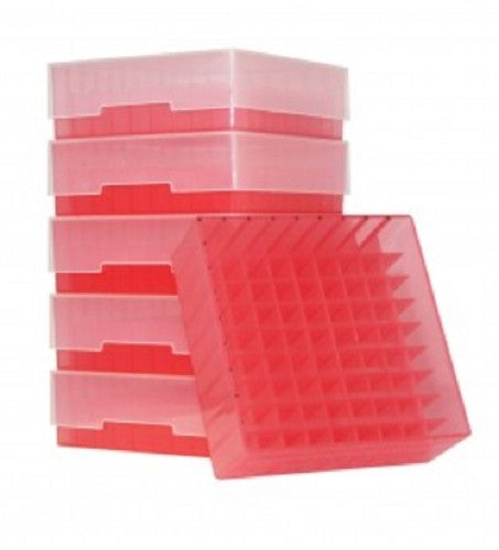 Bioline Plastic Cryo boxes 2 Inch high with a 81 cell grid and Lift Off lid, Red-(each)