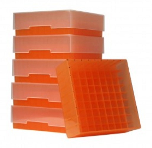 Bioline Plastic Cryo boxes 2 Inch high with a 81 cell grid and Lift Off lid, Orange-(each)
