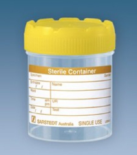 70mL-Sarstedt-Containers, polyprop, 54x44mm, yellow screw cap assembled, flat bottom, sterile with label-pkt/500