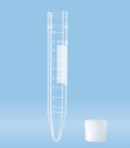 Sarstedt 10mL conical bottom centrifuge tubes with natural caps, non-sterile, pkt/1,000