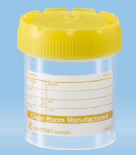 70mL-Sarstedt-Containers, polyprop, 54x44mm, yellow screw cap assembled, flat bottom with label-pkt/500
